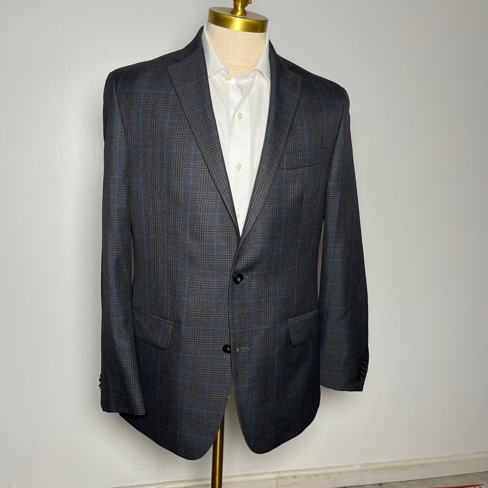 Michael Kors Blazer Mens 42L Gray Blue Glen Plaid Windowpane Two Button Jacket
